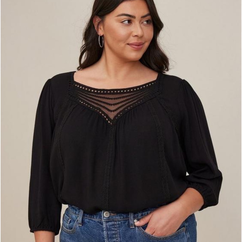 Torrid Gauze Embroidered And Crochet Trim Top